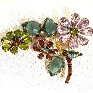 ❤️VTG SCHREINER NY Mid 50s Rhinestone Floral Multi-color En Tremblant PIN BROOCH